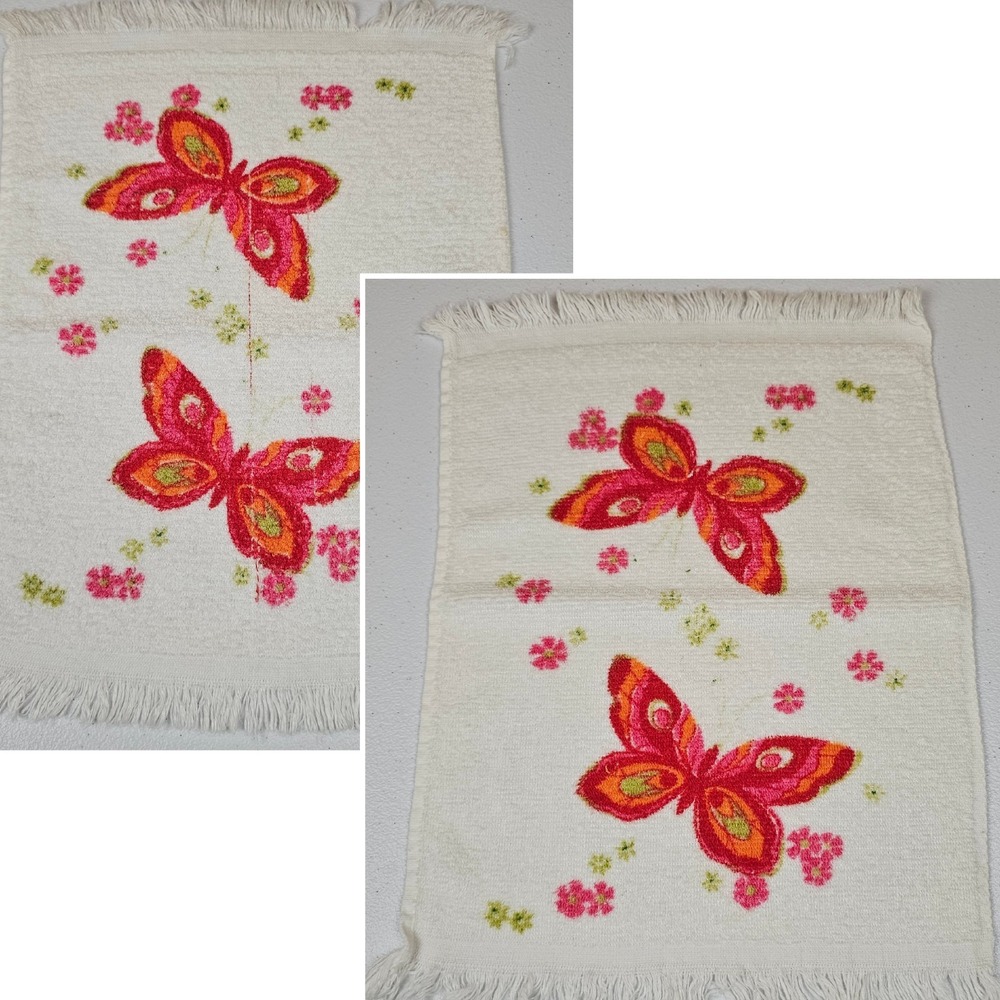 Vtg Butterfly Hand Towels Set Of 2 Pink Orange Green Floral Fringe MCM
